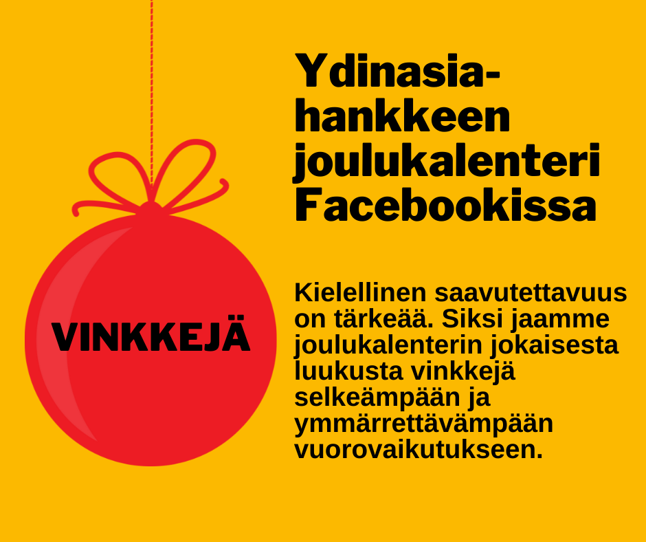 Punaisessa joulupallossa lukee "vinkkejä". Keltaisella pohjalla lukee, että Ydinasia-hankkeen joulukalenteri tulee Facebookiin.