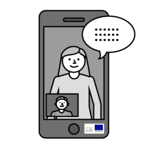Henkilö soittaa toiselle kuvayhteydellä. Henkilön kuva näkyy näytöllä ja toisen henkilön kuva näkyy pienem-mässä ruudussa. He ovat etävuorovaikutuksessa. Papunet-kuvapankin kuva. Kuvan alareunassa on EU:n lippu-logo.