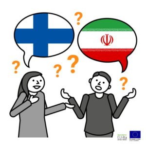 Kuvassa kaksi henkilöä puhuvat eri kieltä, eivätkä he ymmärrä toisiaan. Puhekuplissa näkyy heidän kotimaidensa liput. Papunet-kuvapankin kuva. 